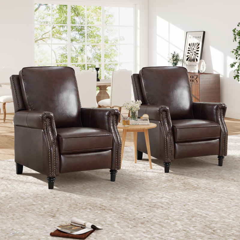 Fauteuil inclinable 32,7 po en cuir véritable avec plateau clouté et garniture cloutée (ensemble de 2), Espresso brun