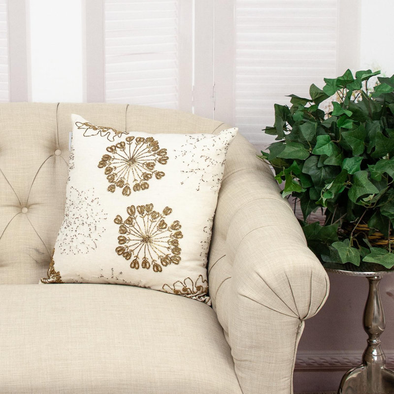 Coussin décoratif brodé, Naturel / floral doré