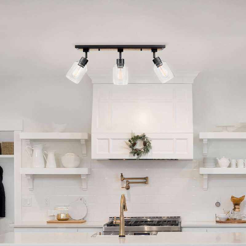 Griffith 25'' Wood and Matte Black 3-Light Track Lighting with Clear Glass Shades