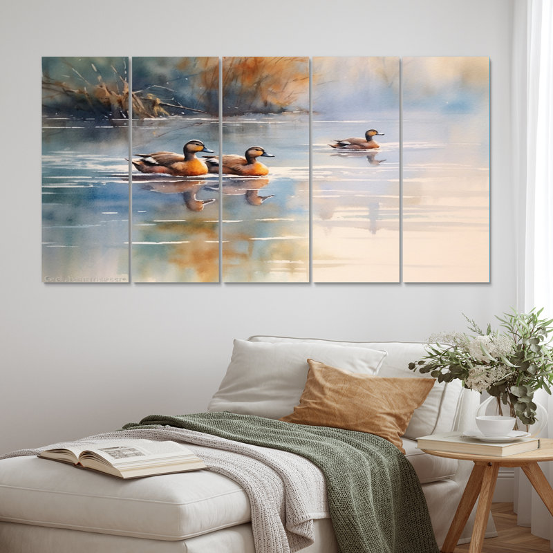 Canards dans l'étang VI - animaux, art mural, salon - 5 panneaux égaux