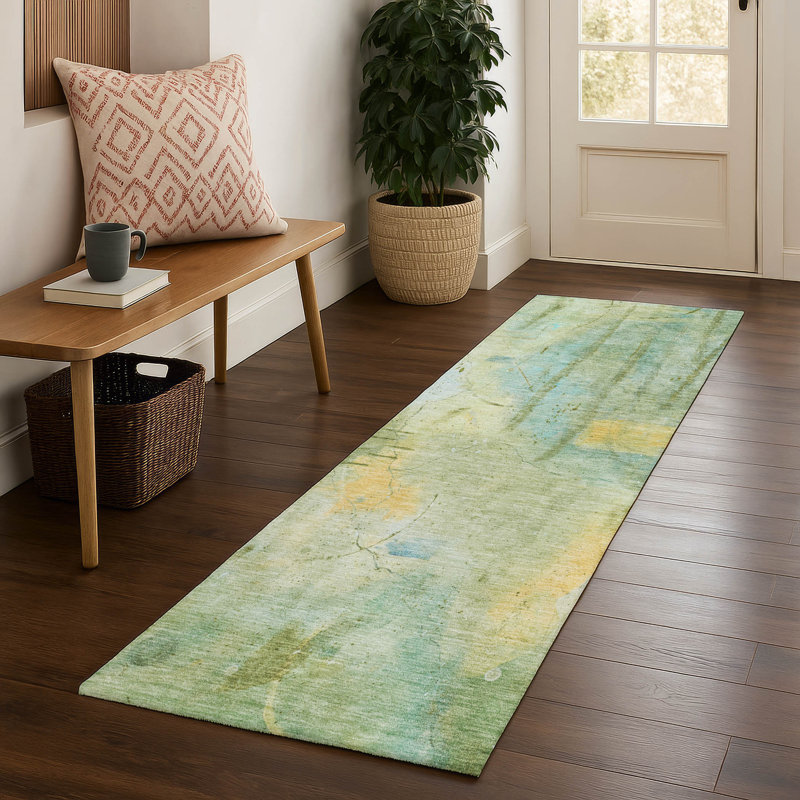 Premium Machine Washable Mayfield AMF2032 Abstract Rug, 2'3" x 7'6" Runner, Sage