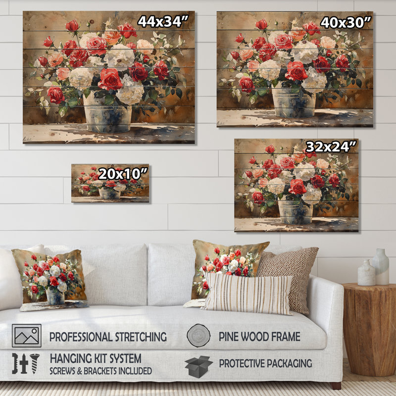 «Barnyard Blossom Arrangement At The Barn I» - Assortiment de bouquets de bois, art mural - sur bois de pin naturel