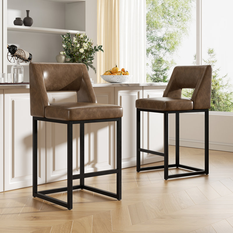 Tabouret de bar rembourré à hauteur de comptoir avec pieds en bois massif, Brun