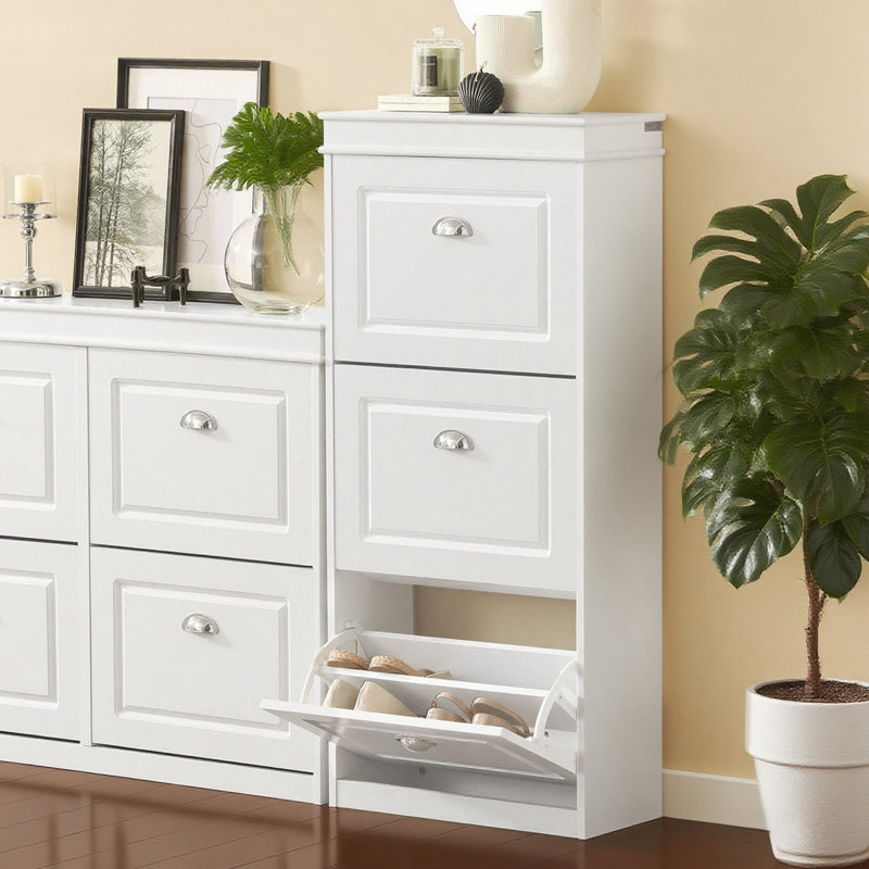 Moriah 12 Pair Shoe Storage Cabinet, White/Silver