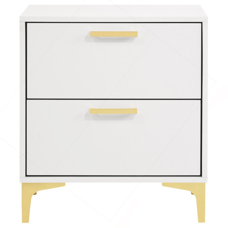 Table de chevet rectangulaire blanche et dorée à 2 tiroirs, Blanc