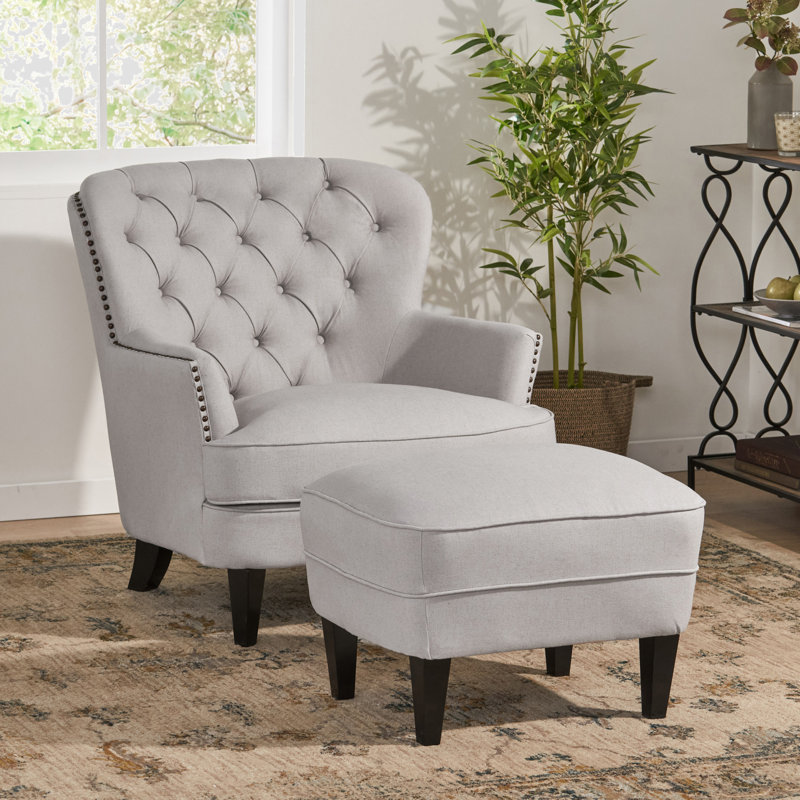 Aviani Upholstered Armchair with Ottoman, Light Gray Fabric