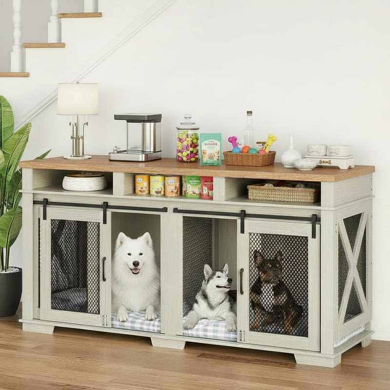 71'' Dog Crate Furniture for 1 or 2 Dogs, Large Double Dog Cage with 3 Storage Drawers & Removable Divider, Dog Kennel As TV Stand, Furniture Style Do