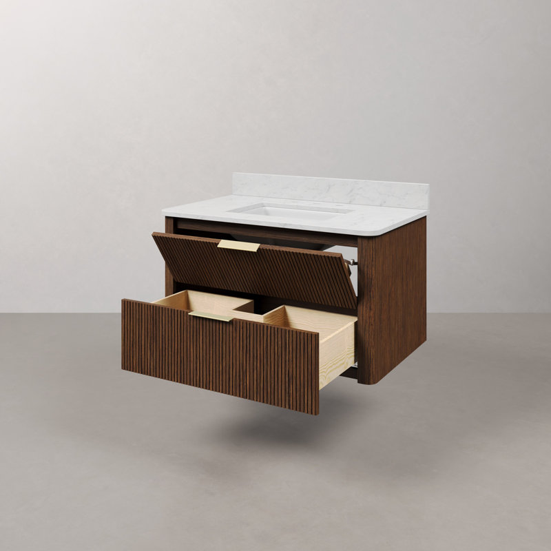 Clapp Single Rectangle Sink Floating Bathroom Vanity with Cultured Marble Top in Truffle Oak, 36"