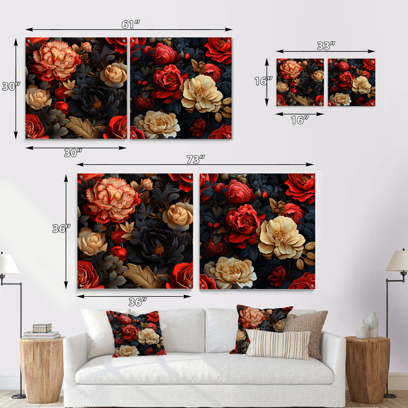 Opulence rouge victorienne rouge motif floral I - ensemble d'art mural en acrylique sur verre floral, H 16 po x l 33 po
