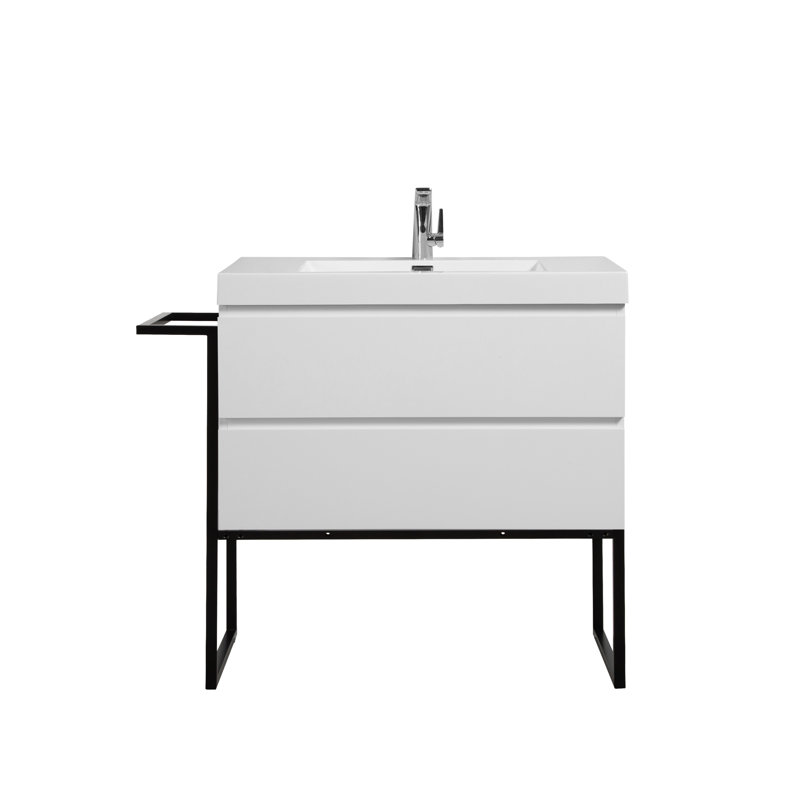 Etha 36 po L x 19 po P 2 tiroirs Meuble-lavabo autoportant avec évier simple et Comptoir en Acrylique blanc