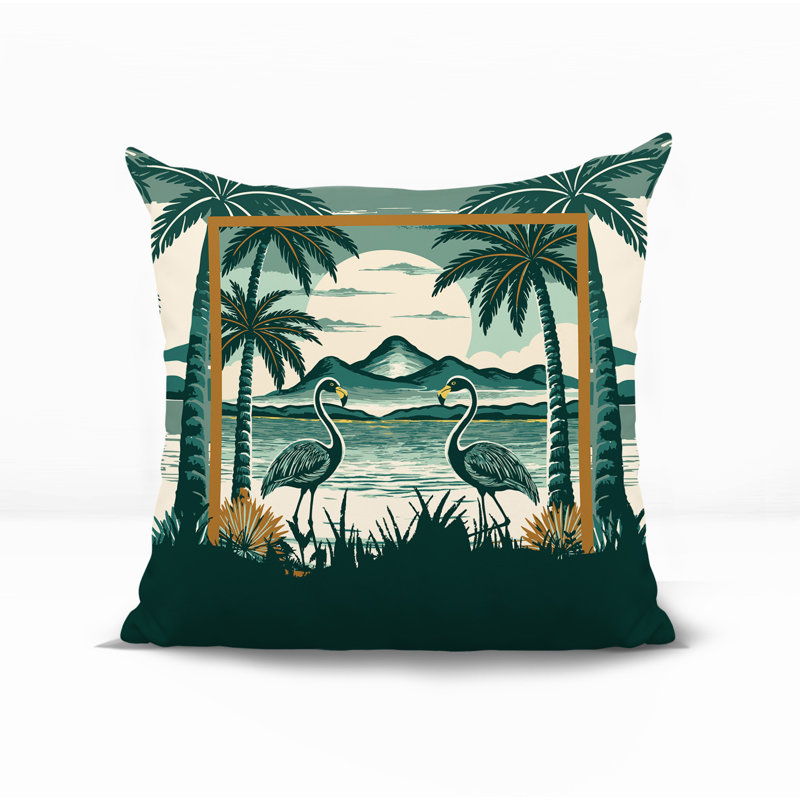 Oreiller carré réversible intérieur / extérieur Yanu Flamingo, Vert, Carré 15 po