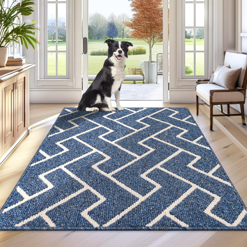 Seriah Non-Slip Geometric Indoor Doormat, Blue