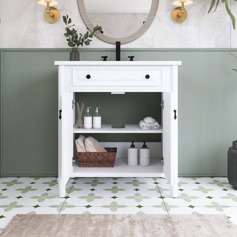 31'' Freestanding Single Sink Bathroom Vanity With Ceramic Top, White / Black