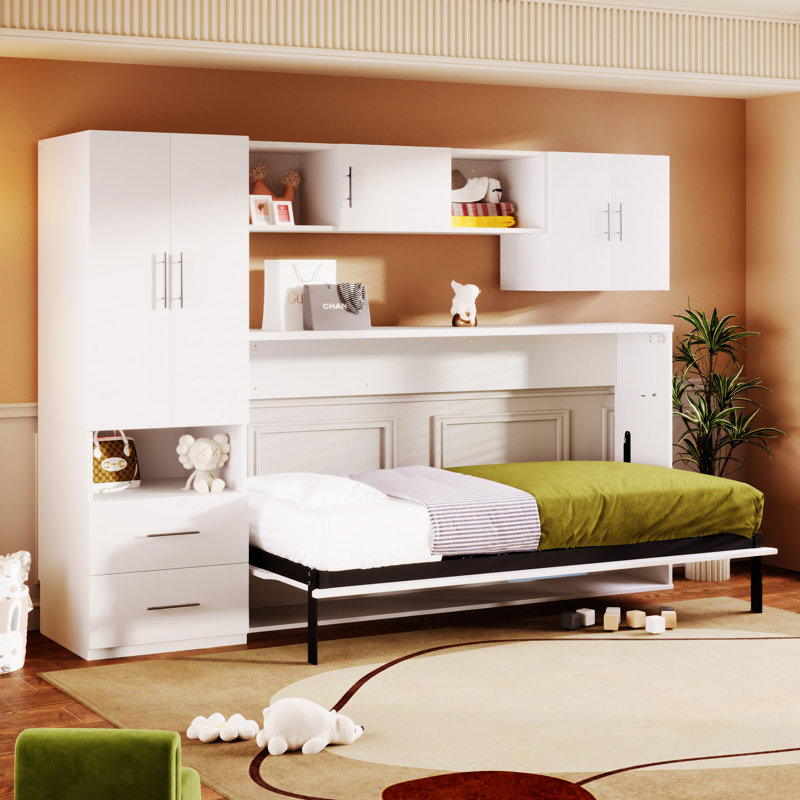 Lit escamotable avec tablettes ouvertes et tiroirs de rangement