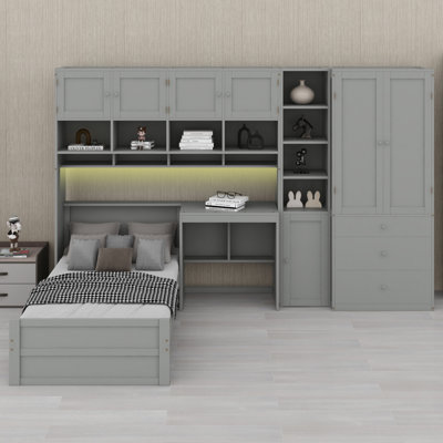Lit plateforme multifonctionnel avec bureau, garde-robe, armoires, tiroirs et tablettes