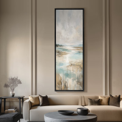 Grande toile murale encadrée, décor de paysage côtier bleu-brun calme - 60 po x 20 po, 60 po x 30 po