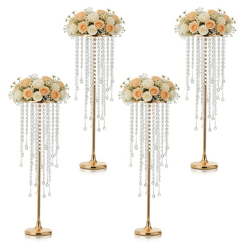 Gold Vase Wedding Centerpieces: 4 Pcs 29.5in Tall Crystal Flower Stand for Tables Elegant Metal Flowers Arrangement Vases for Weddings Birthday Party Anniversary Reception Home Decorations