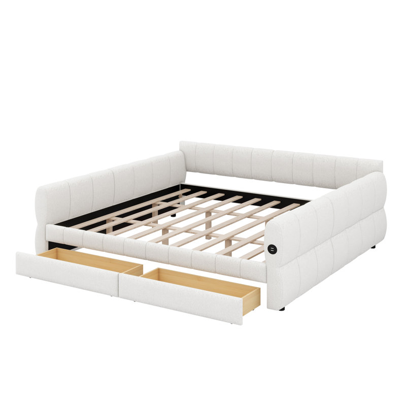 Lit plateforme tapissier contemporain avec rangement USB et tiroir intégré, Blanc