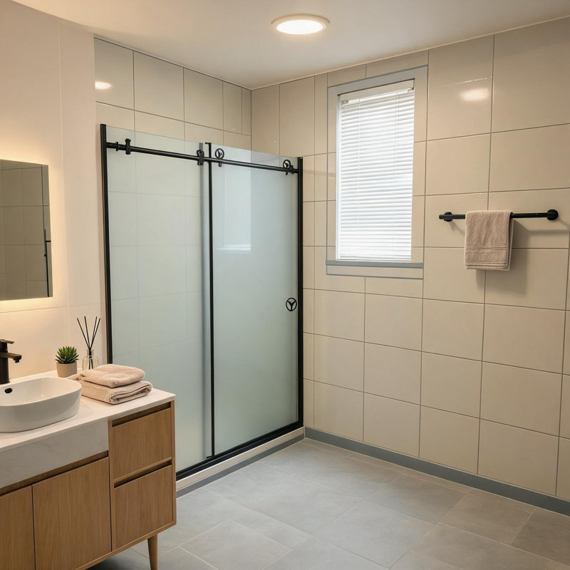 Porte de douche coulissante sans cadre, noir mat, 152 cm x 193 cm, avec verre transparent
