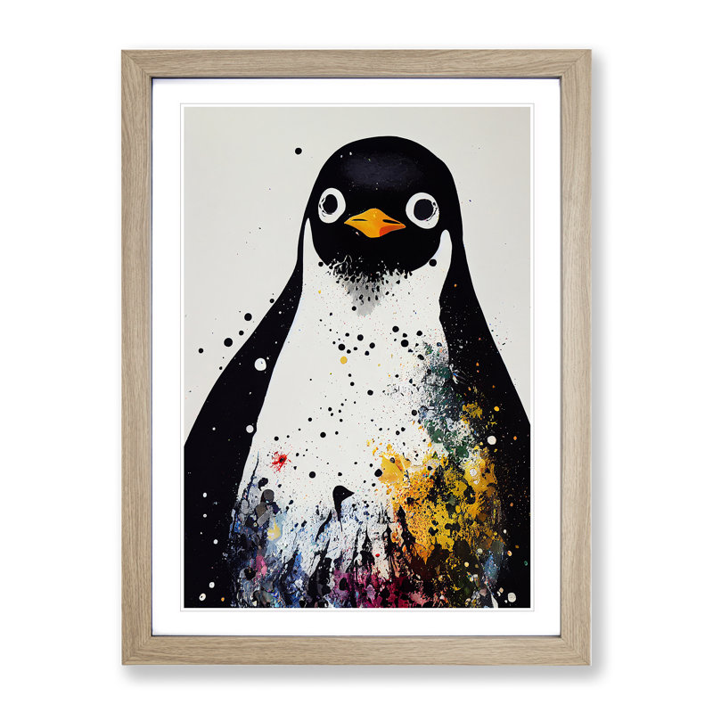 XV1022-3237X Paint Splash Penguin No.5 - Single Picture Frame Print, 64cm H x 46cm W x 2cm D, Oak
