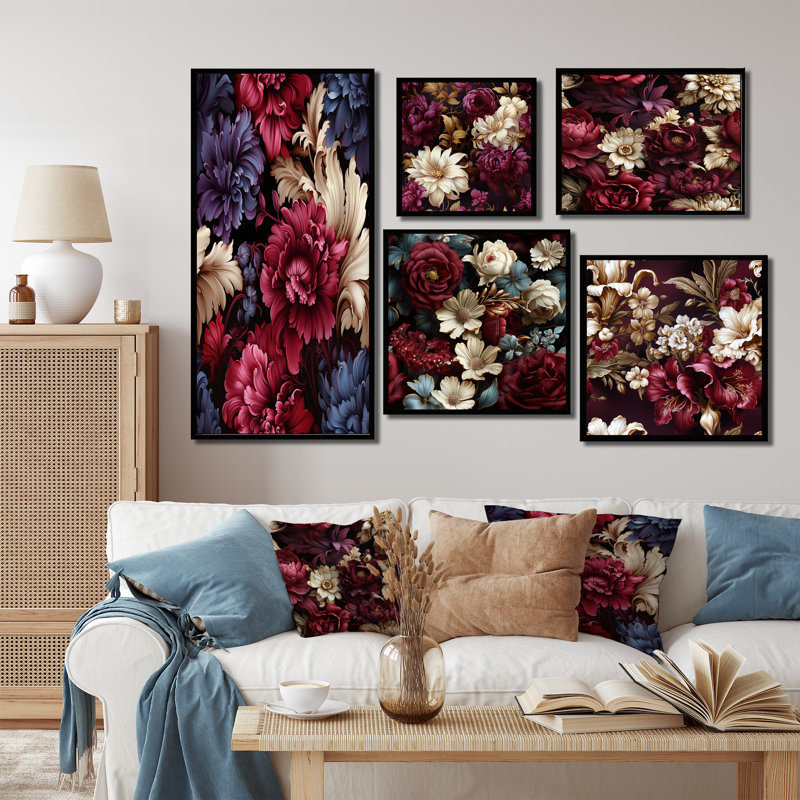 Victorian Renaissance Revival Victorian Pattern - Floral Canvas Art Print Set Of 5, Black Floater Framed