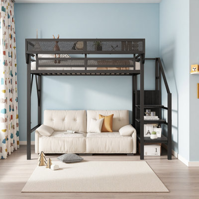 Lit mezzanine simple avec escalier, lit mezzanine double en métal avec tablettes de rangement, lit mezzanine haut avec garde-robe pour les enfants adolescents