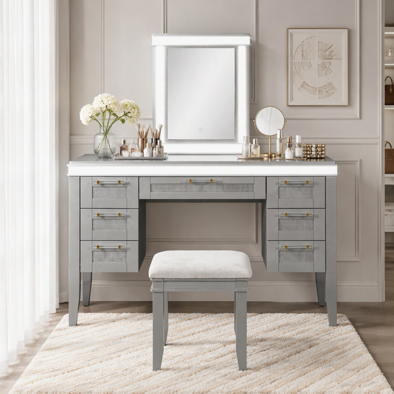 Coiffeuse de 122 cm avec miroir et éclairage, 7 tiroirs et tabouret rembourré, Bleu grisâtre