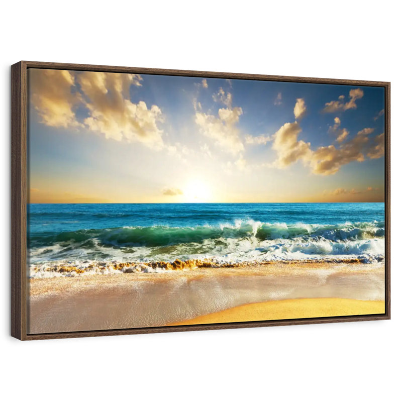 Coucher de soleil sur l'océan, 19 po x 13 po, Cadre flottant noyer