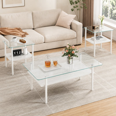 38.6" W Tempered Glass Coffee Table and End Tables (Set of 3), White/Clear