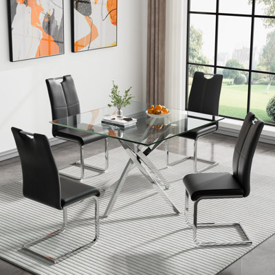 Square Glass Dining Table Set, Clear Glass Dining Table with Metal Cross Base & Leather Dining Chairs, 36" Tempered Glass Dining Room Table and Chairs Set, Modern Kitchen Table Set