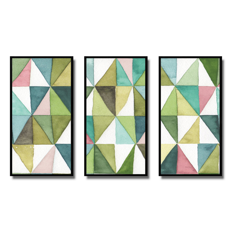 Motif géométrique mixte vert II - ensemble d'art moderne sur toile encadrée moderne et contemporain de 3, Cadre noir