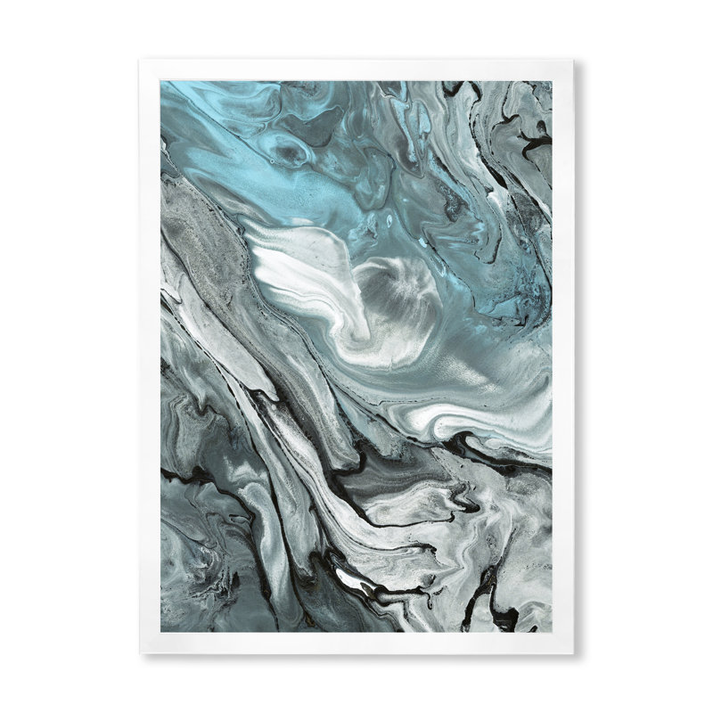 Marbre noir et bleu abstrait I - peinture sur toile, H 33,5 po x l 17,5 po, Cadre blanc