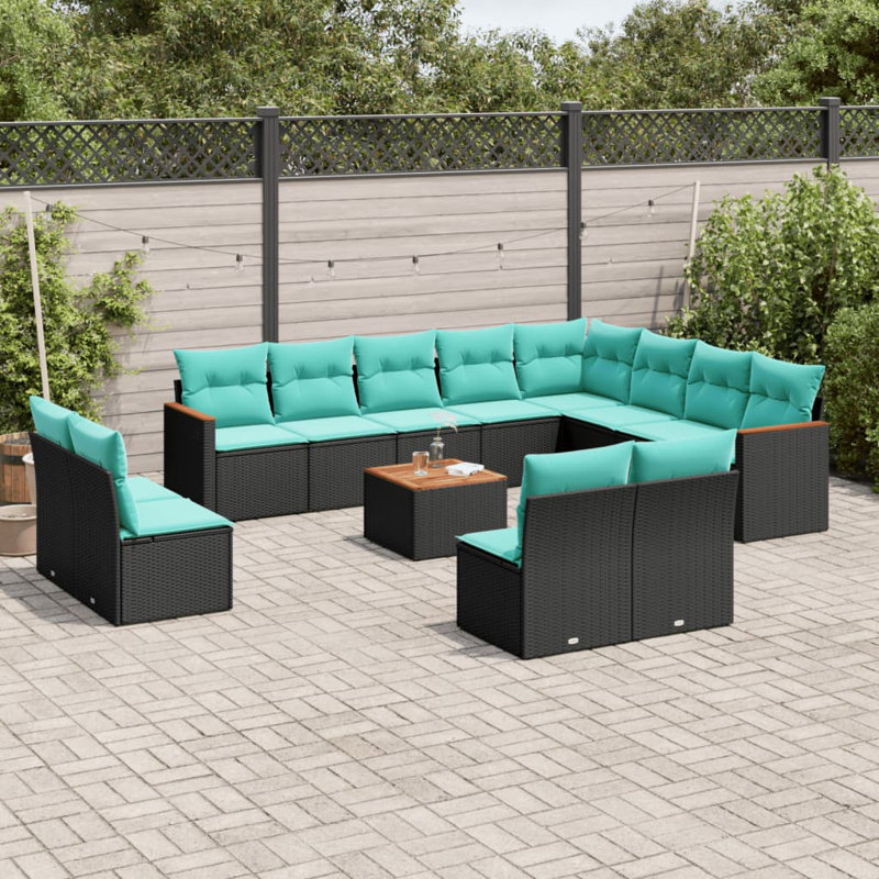 Ensemble de canapé de patio 13 pièces avec coussins en rotin de polyester, Bleu clair, Noir