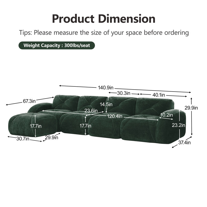 Canapé modulaire en L capitonné vert avec repose-pieds mobile, canapé-lit Cloud Comfort