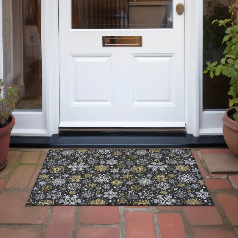 Black and Gold Snowflake Pattern Washable Synthetic Rug