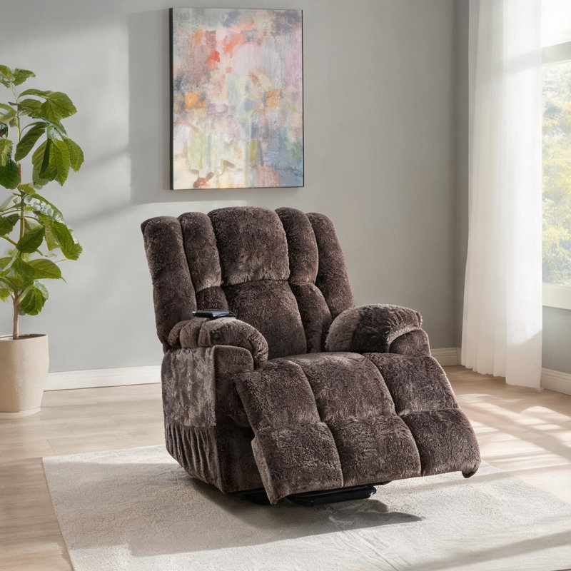 Recliner with Metal Frame, pairing Push Button Recline with 42.2 kg Brown Chenille Power Lift and Velvet Upholstery