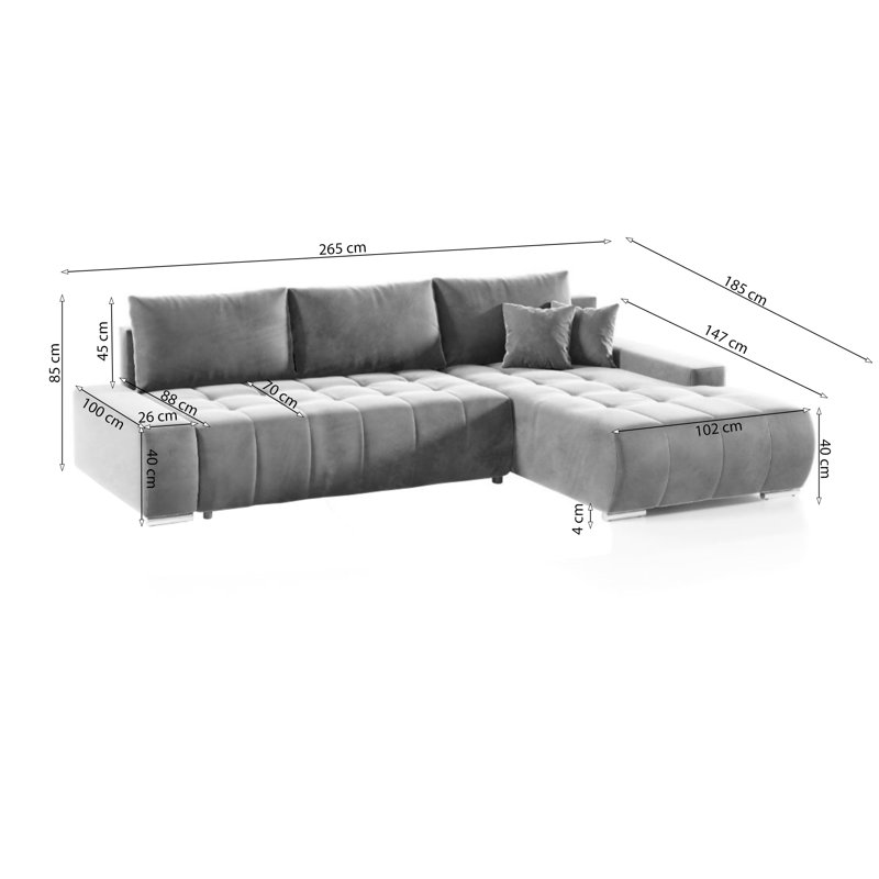 Asaan 3 Seater Velvet Sofa & Chaise, Grey, Right Hand Facing