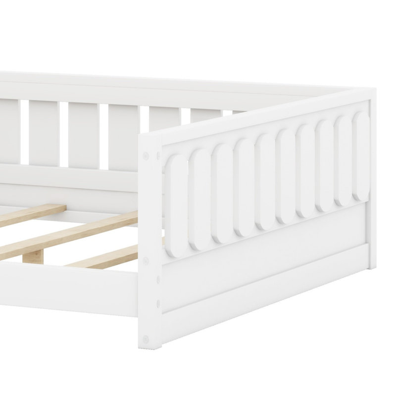 Lit plateforme en bois robuste avec garde-corps et tablettes de rangement, Blanc, Lit double