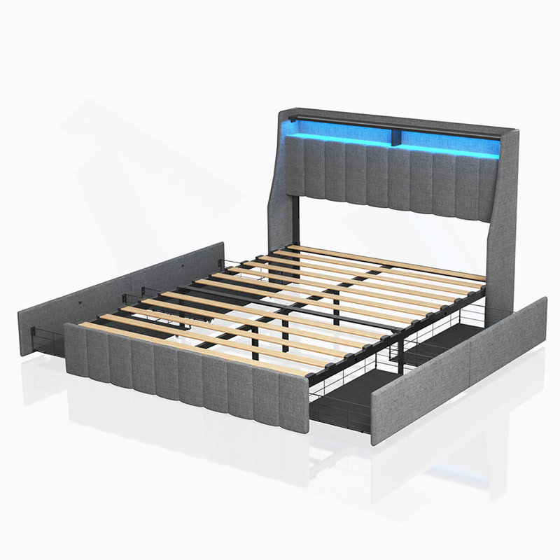 Bed Frame with LED, Wings Headboard Design, Light Gray, Queen