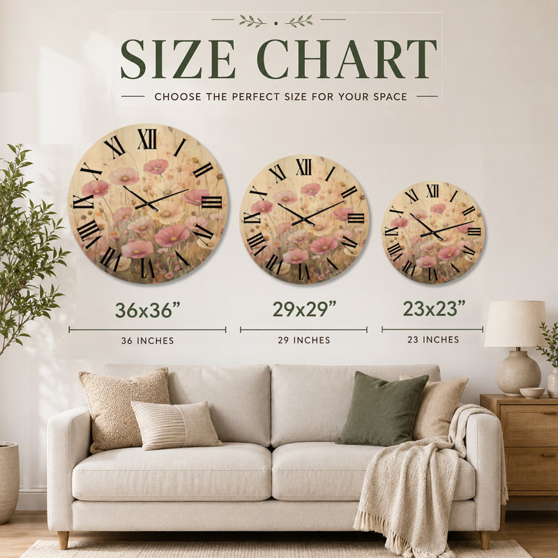 Horloge murale ronde à motif floral Blush Wildflower Meadow, imprimée sur bois, Extra Large