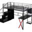 Lit mezzanine en métal noir avec espace de jeu intégré, garde-robe et escalier de rangement