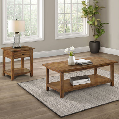 2 Piece Wooden Table Set With Storage In Distressed Brown