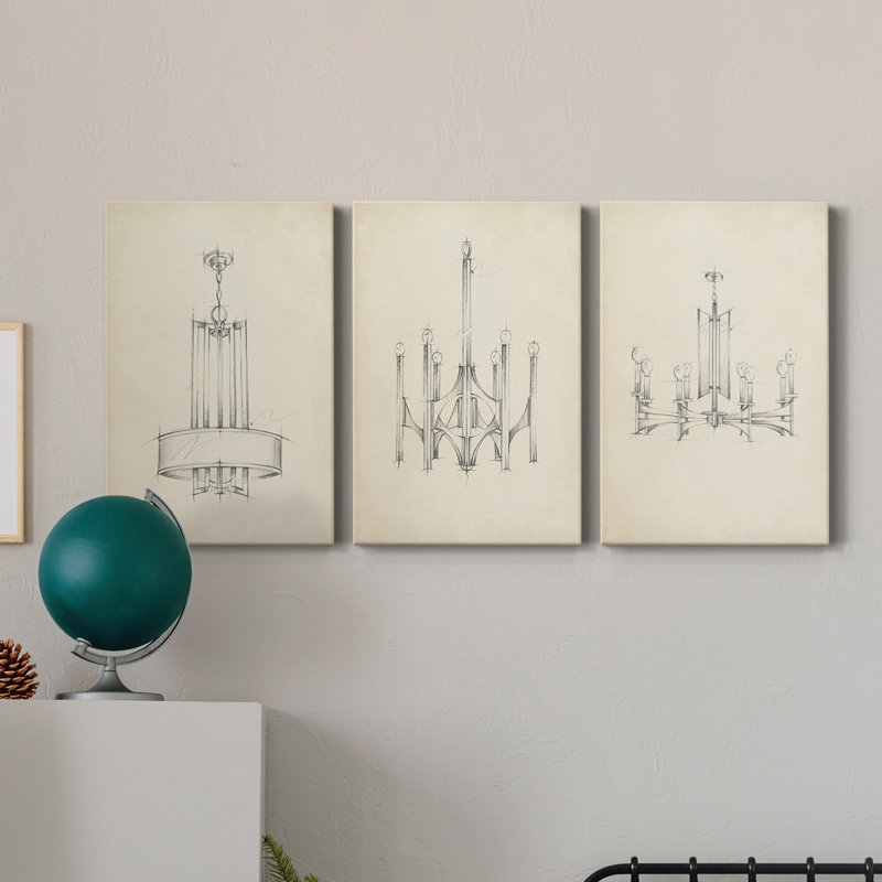 Mid Century Chandelier I - Ensemble de 3 toiles tendues, H 27 po x l 48 po x P 1 po