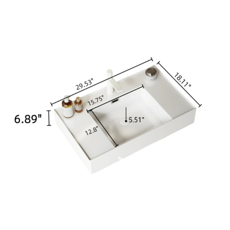Lavabo pour salle de bain 30 po. Lavabo en acrylique blanc. Idée de rangement moderne. Installation facile. Vase en bois naturel avec vasque rectangulaire. Point de vue minimaliste. Installation.