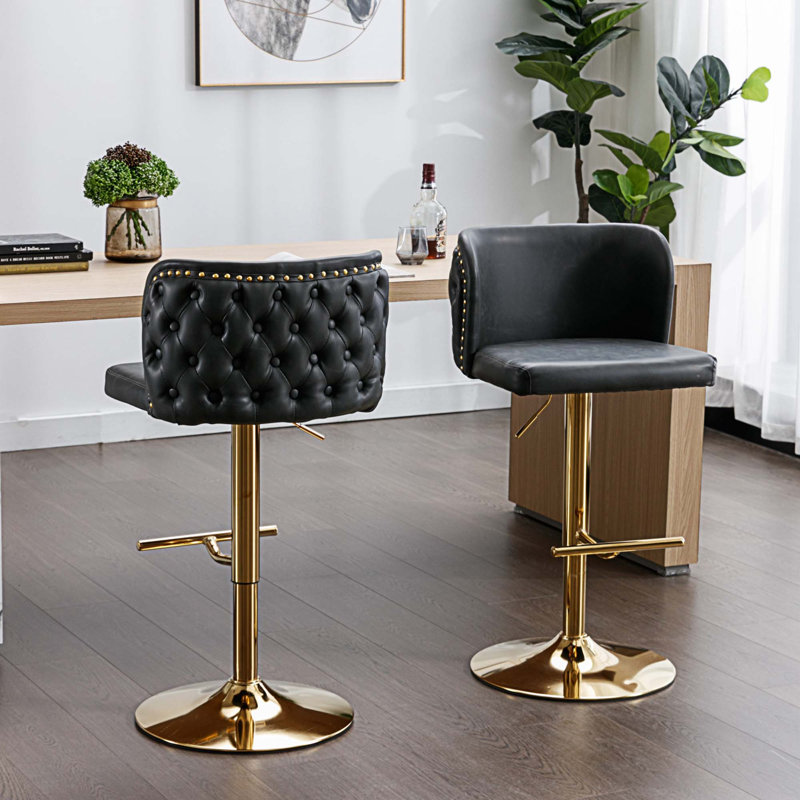 Jeanee Swivel Barstools Adjusatble Seat Height, Modern PU Upholstered Bar Stools with the whole Back Tufted, Dark Gray, Gold