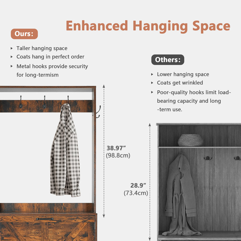 Shoe Storage Cabinet With Hooks, Brown