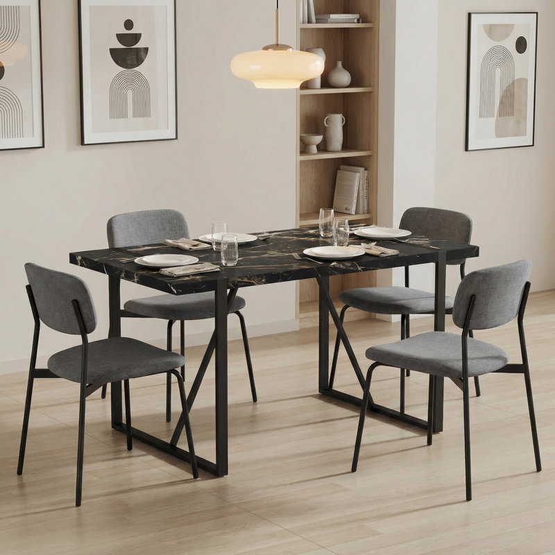 Vesta Modern 55" Rectangular Dining Table, Black Faux Marble Tabletop with Sturdy Metal Sled Base for Kitchen & Dining Room