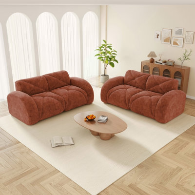 2-Piece Sofa Set Comfy Sofa Couch,  2+2 Seater Sofa Set,Deep Seat Sofa,Soft Velvet Fabric,32D High Density Sponge  Bottom,No Assembly Required, Modern Sofa Set for Living Room,Red Brown