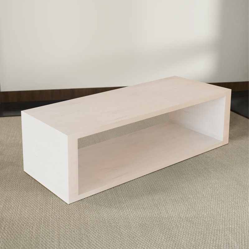 Keli Walpole 58 Inch Cube Shaped Wooden Coffee Table with Open Bottom Shelf, Washed White