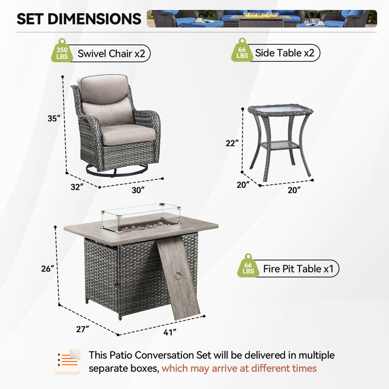 Gray Wicker Swivel Glider Chair with Beige Cushions and Fire Pit Table